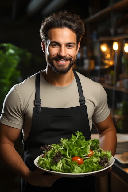 Homme tenant un plat de nourriture avec une salade dessus AI générative