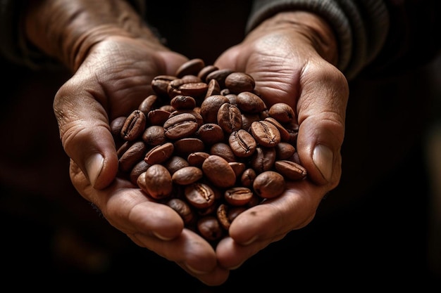 un homme tenant une poignée de grains de café portant le mot café.