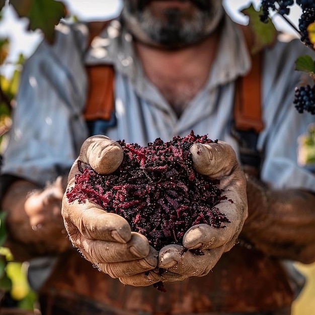 un homme tenant une poignée de raisins violets dans ses mains