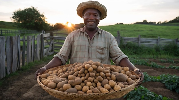 Un homme tenant des pommes de terre fraîches