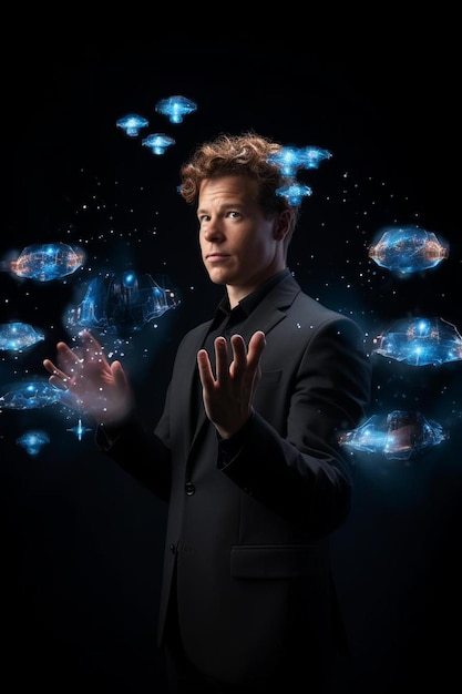 un homme tenant une projection d'hologramme affichant des symboles de technologie cloud