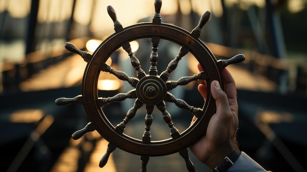 Photo un homme tenant une roue de navire