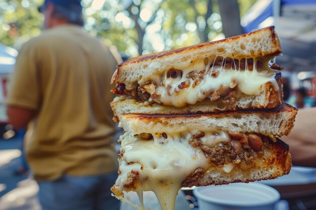 Un homme tenant un sandwich avec du fromage et de la viande