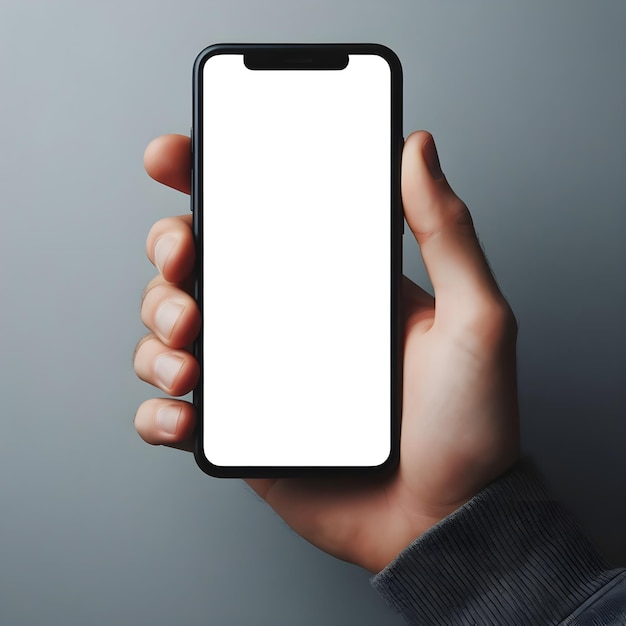 Photo homme tenant un smartphone noir avec un écran vide isolé sur un fond solide pour une maquette de téléphone