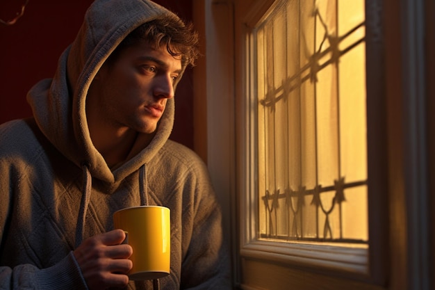 homme tenant une tasse de café à côté de la fenêtre