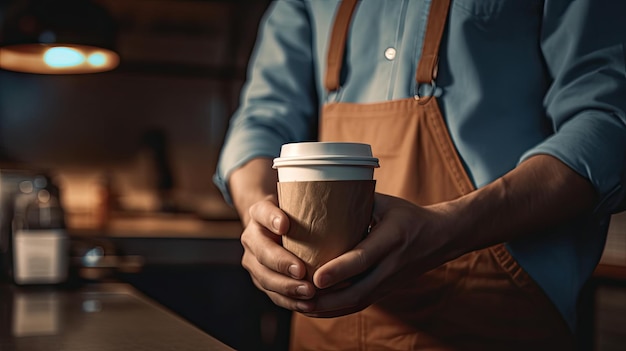 Un homme tenant une tasse de café devant un comptoir