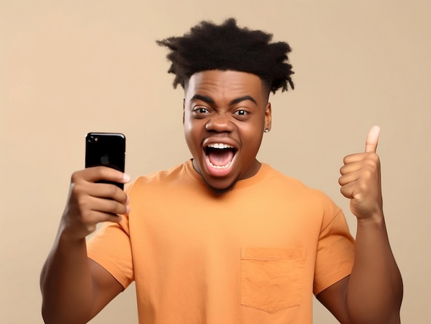 Un homme tenant un téléphone et donnant un signe de pouce levé.