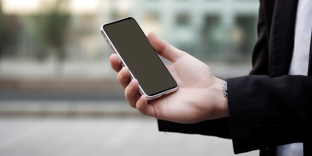 Un homme tenant un téléphone intelligent avec un écran vide.