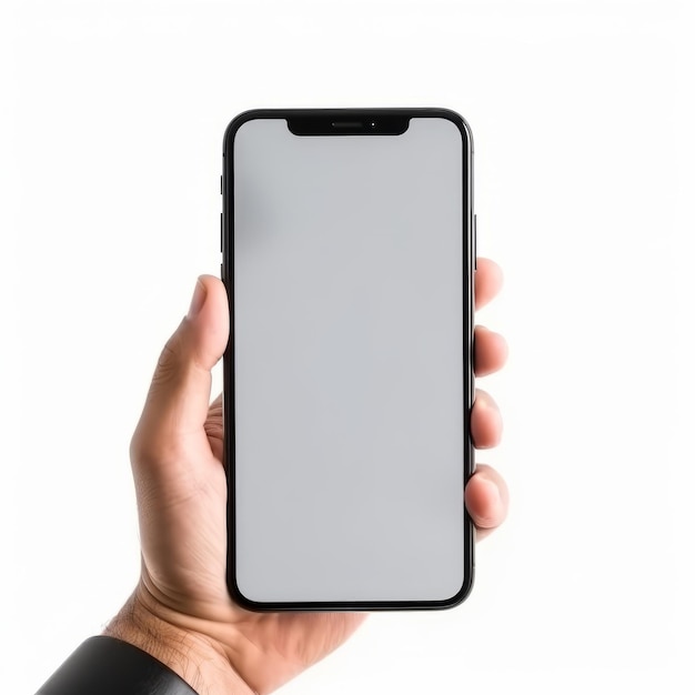 Homme tenant un téléphone portable avec écran blanc isolé sur fond uni