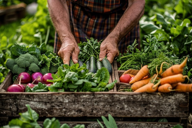 Homme tenant une variété de légumes