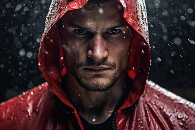 Un homme en tenue de boxe se tient sous la pluie.