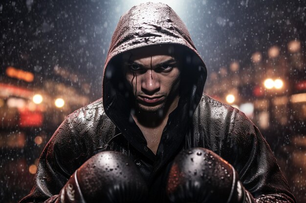 Un homme en tenue de boxe se tient sous la pluie.