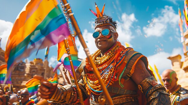 Photo un homme en tenue colorée tient un drapeau