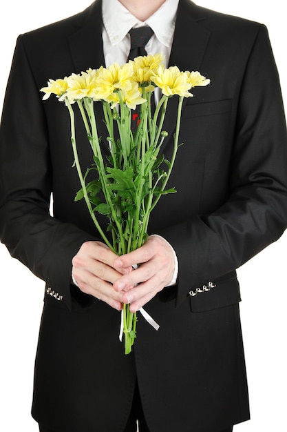 homme, tenue, fleurs, gros plan