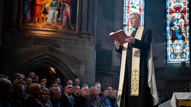 Un homme en tenue formelle prêchant la sainte Bible depuis la tribune à l'autel de l'église