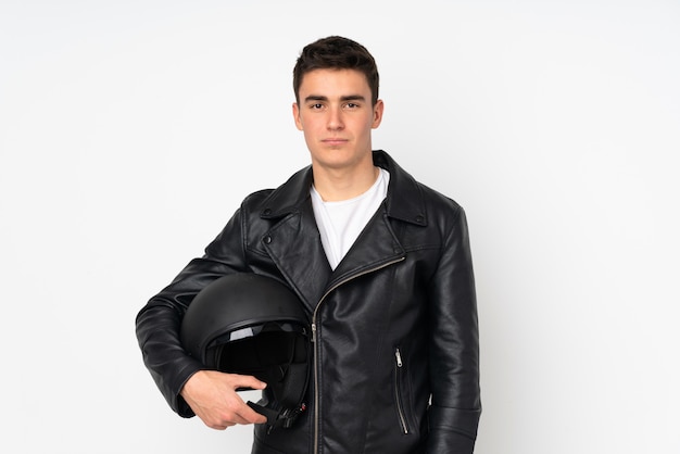 Homme, tenue, moto, casque, blanc, mur, plaidoirie