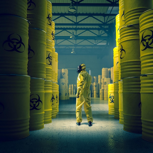 Homme en tenue de protection jaune dans un entrepôt avec des fûts métalliques contenant des déchets radioactifs