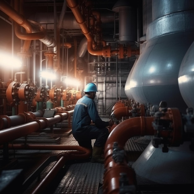 Homme en tenue de protection spéciale et casque réparant des tuyaux en production