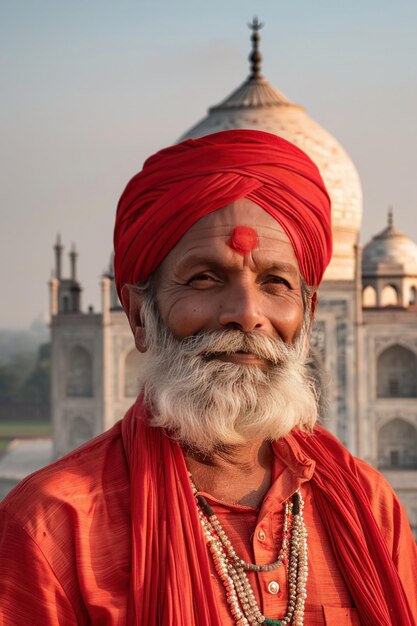 Un homme en tenue traditionnelle rouge sur le fond du Taj Mahal