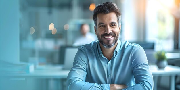 L'homme termine son travail au bureau en souriant après une journée réussie dans les affaires Concept Succès dans les affaires Vie de bureau Réalisation professionnelle Attitude positive