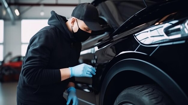 Homme testant l'état technique de la roue de voiture Generative Ai