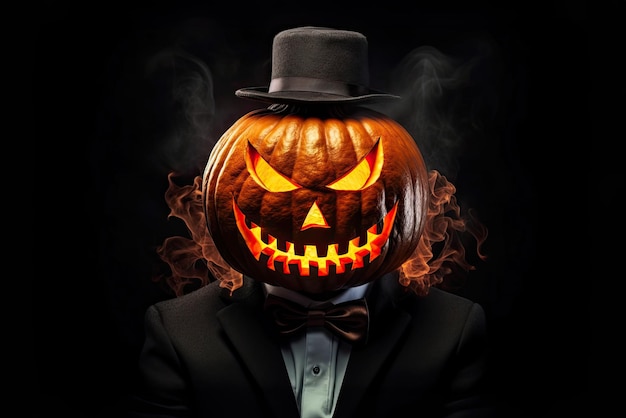 Homme à tête de citrouille brillant en costume debout dans une pièce sombre concept d'Halloween