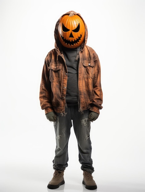 Homme tête de citrouille d'Halloween en veste marron et jeans sur fond blanc