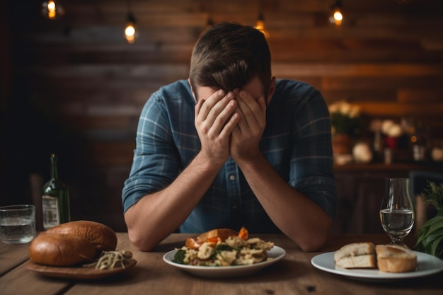 Homme avec la tête dans les mains à une table à manger