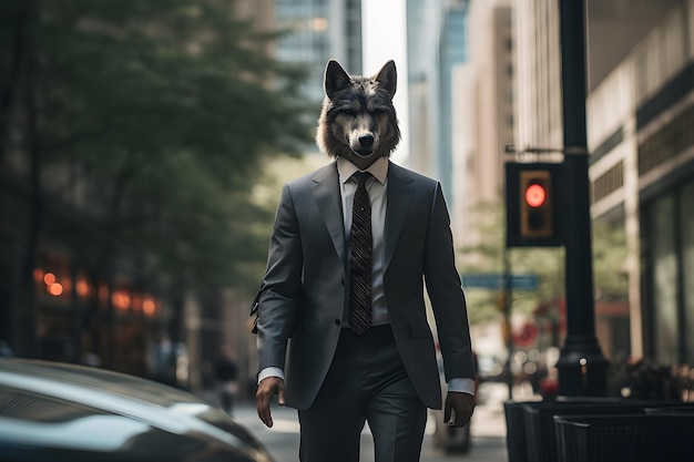 Photo homme à tête de loup en costume dans la rue de la ville ia générative
