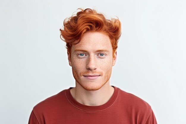 Photo un homme à tête rouge avec des cheveux rouges et une chemise rouge avec un fond blanc