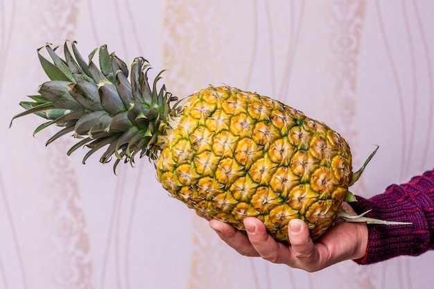 Un homme tient un ananas savoureux mûr dans sa main