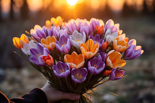 Un homme tient un bouquet de crocus dans la forêt au coucher du soleil Les premières fleurs du printemps