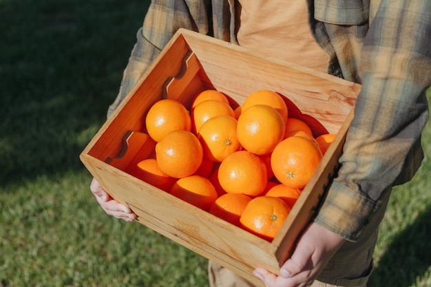 Un homme tient une caisse d'oranges