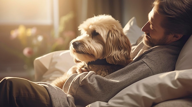 un homme tient un chien sur ses genoux et le soleil brille sur lui