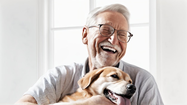L'homme tient un chien avec un sourire joyeux