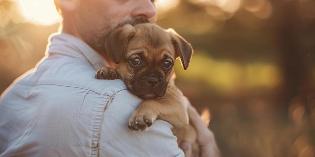 Un homme tient un chiot dans ses bras