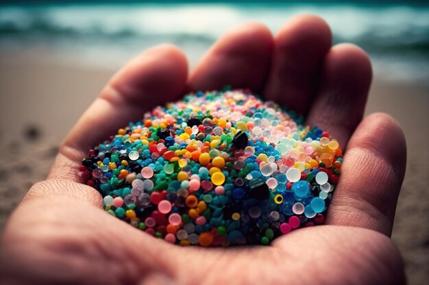 Un homme tient dans sa main de petites boules de microplastiques colorées prélevées sur le sable de la plage générée par Ai