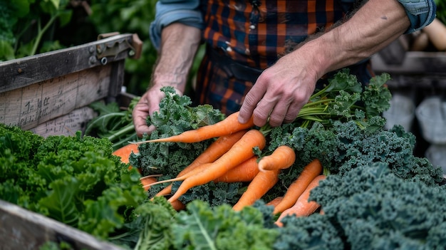 Un homme tient dans ses mains un grappin abondant de carottes fraîchement cueillies.