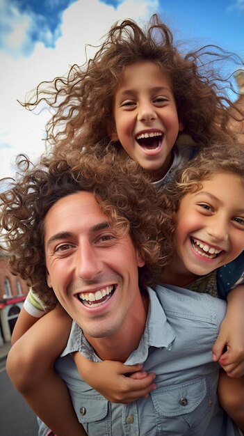 Photo un homme tient deux enfants et sourit