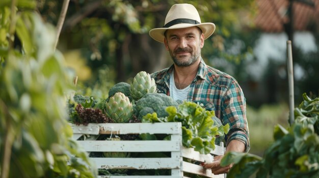 Un homme tient fièrement une caisse débordante remplie d'un assortiment coloré de légumes frais biologiques.