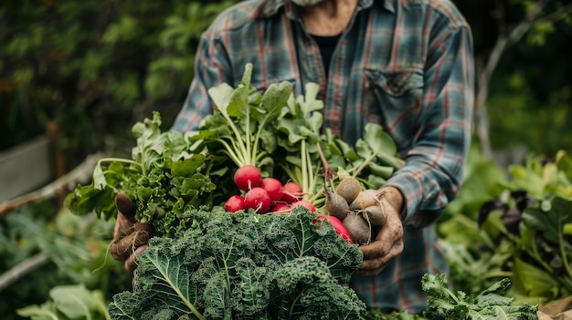 Un homme tient fièrement dans ses mains un assortiment coloré de légumes frais.