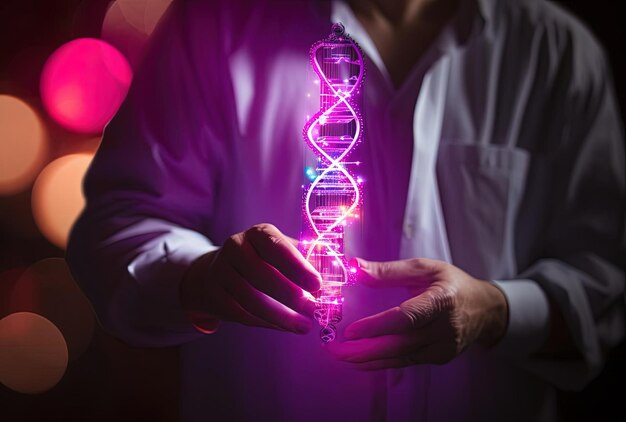 Photo un homme tient un fil d'adn dans sa main dans le style des effets de lumière et de couleur