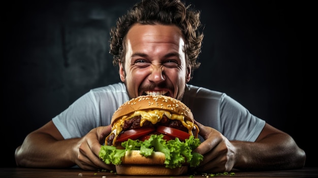 L'homme tient un hamburger juteux dans ses mains