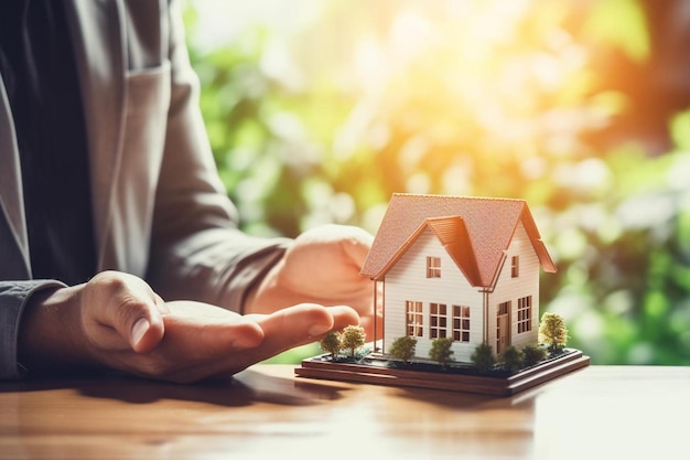 un homme tient une maison modèle sur une table