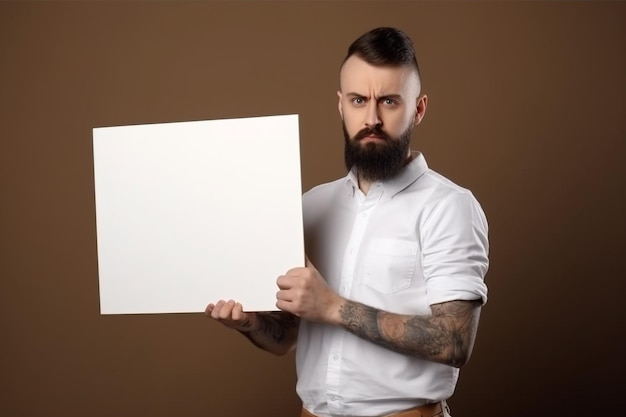 Un homme tient une maquette de panneau blanc vierge dans sa main