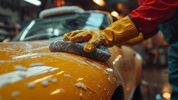 Photo l'homme tient la microfibre à la main et poli la voiture grosse copie spcae pour