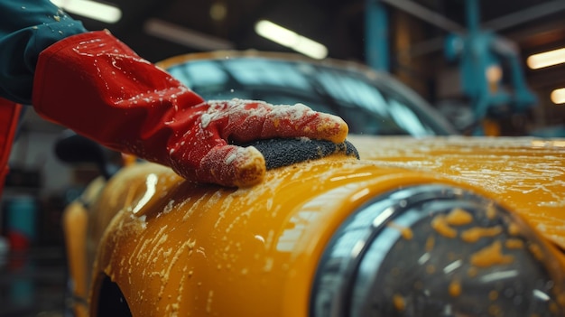 Photo l'homme tient la microfibre à la main et poli la voiture grosse copie spcae pour