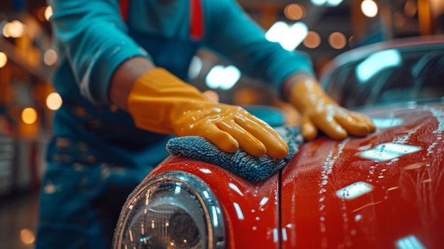 Photo l'homme tient la microfibre à la main et poli la voiture grosse copie spcae pour