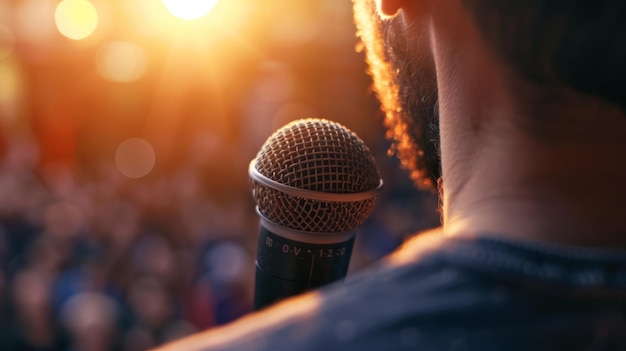 Un homme tient un microphone devant la foule