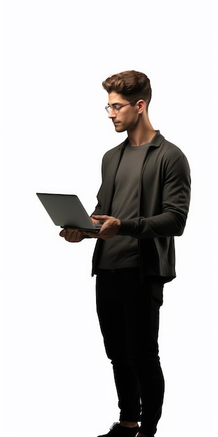 Un homme tient un ordinateur portable généré par l'IA
